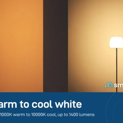 Two Govee floor lamps in a room giving warm white light; 1000K to 10000K, up to 1400 lumens