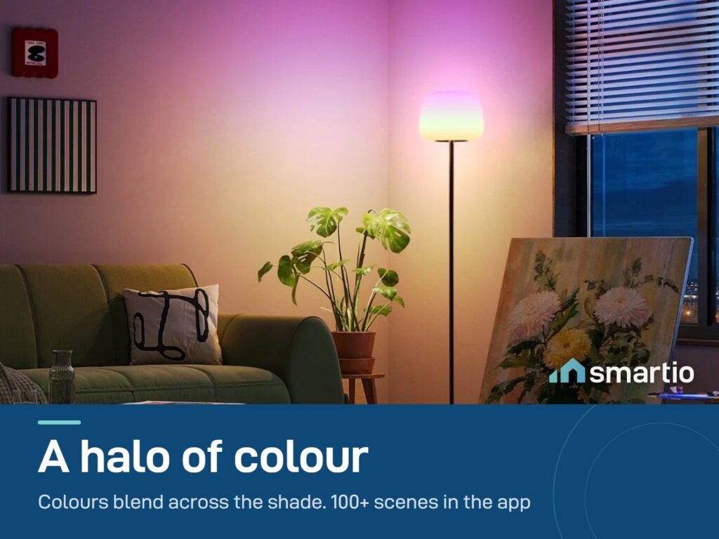 Govee floor lamp lighting a living room with a purple and pink glow; 100+ scene modes