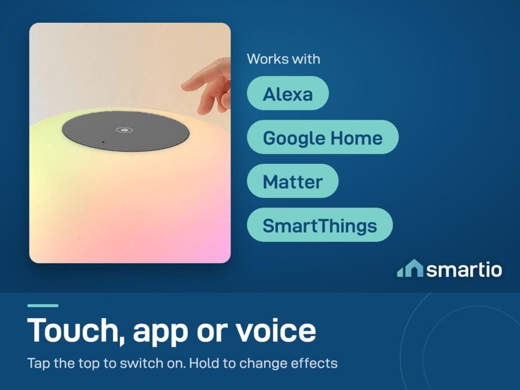 Hand tapping the top of the Govee floor lamp; it works with Alexa, Google Home, Matter and SmartThings