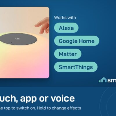 Hand tapping the top of the Govee floor lamp; it works with Alexa, Google Home, Matter and SmartThings