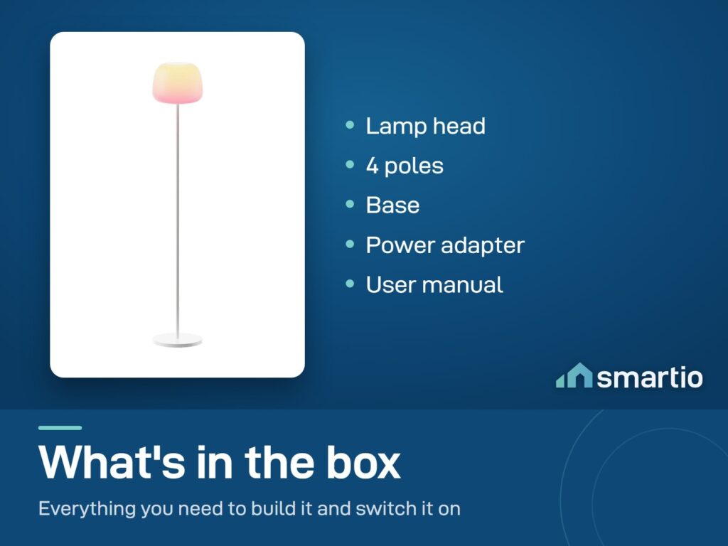 What's in the Govee floor lamp box: lamp head, 4 poles, base, power adapter and user manual
