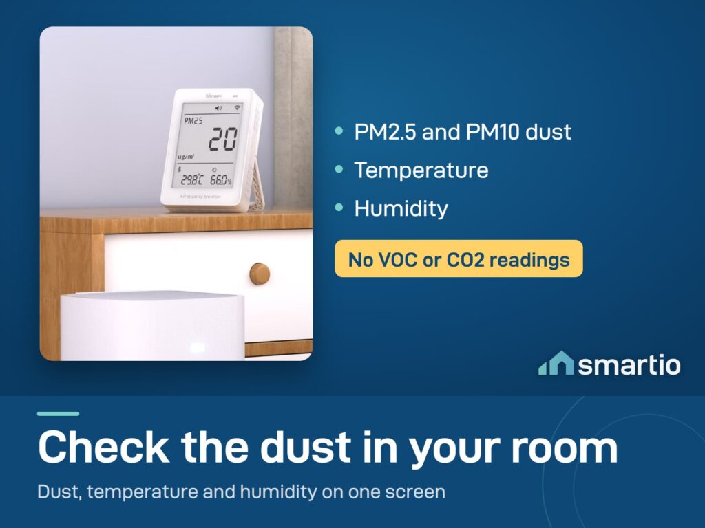Sonoff AirGuard PM2.5 and PM10 monitor on a bedside table, showing dust, temperature and humidity. It does not measure VOC