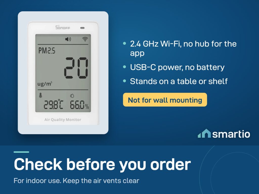 Sonoff AirGuard PM2.5 and PM10 monitor: 2.4 GHz Wi-Fi, USB-C power, no battery, stands on a table. No wall mounting