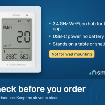 Sonoff AirGuard PM2.5 and PM10 monitor: 2.4 GHz Wi-Fi, USB-C power, no battery, stands on a table. No wall mounting