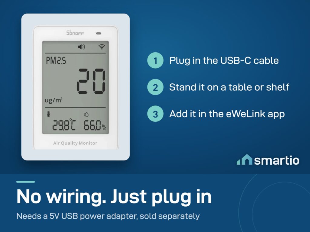 Sonoff AirGuard PM2.5 and PM10 monitor setup: plug in the USB-C cable, stand it on a table, add it in eWeLink