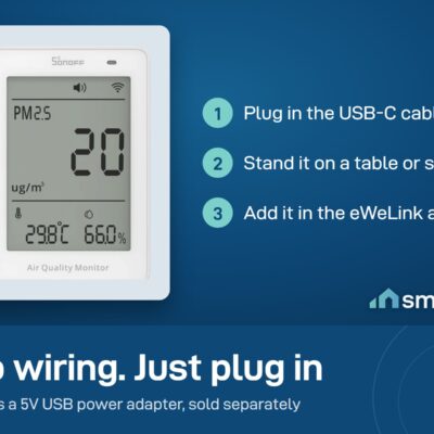 Sonoff AirGuard PM2.5 and PM10 monitor setup: plug in the USB-C cable, stand it on a table, add it in eWeLink