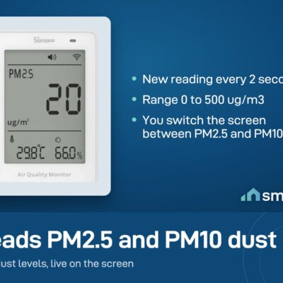 Sonoff AirGuard PM2.5 and PM10 monitor reads dust from 0 to 500 ug/m3 and updates every 2 seconds