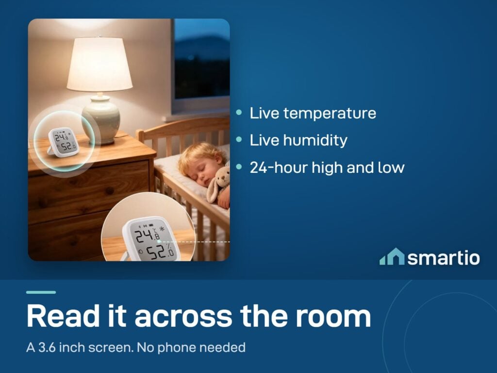 Sonoff AirGuard TH SNZB-02DR2 3.6 inch screen on a bedside table in a baby room, showing temperature and humidity