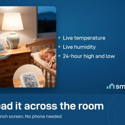 Sonoff AirGuard TH SNZB-02DR2 3.6 inch screen on a bedside table in a baby room, showing temperature and humidity