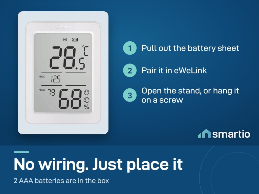 Sonoff AirGuard TH SNZB-02DR2 setup: pull out the battery sheet, pair in eWeLink, open the stand or hang it on a screw