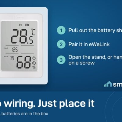 Sonoff AirGuard TH SNZB-02DR2 setup: pull out the battery sheet, pair in eWeLink, open the stand or hang it on a screw