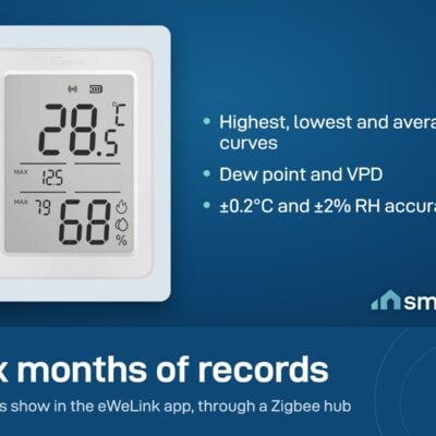 Sonoff AirGuard TH SNZB-02DR2 keeps 6 months of records with dew point and VPD, accurate to 0.2 degrees and 2 percent
