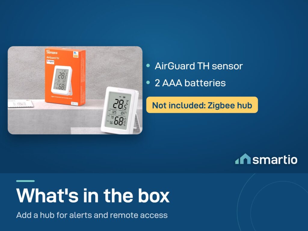 What's in the Sonoff AirGuard TH SNZB-02DR2 box: the sensor and 2 AAA batteries. Zigbee hub not included