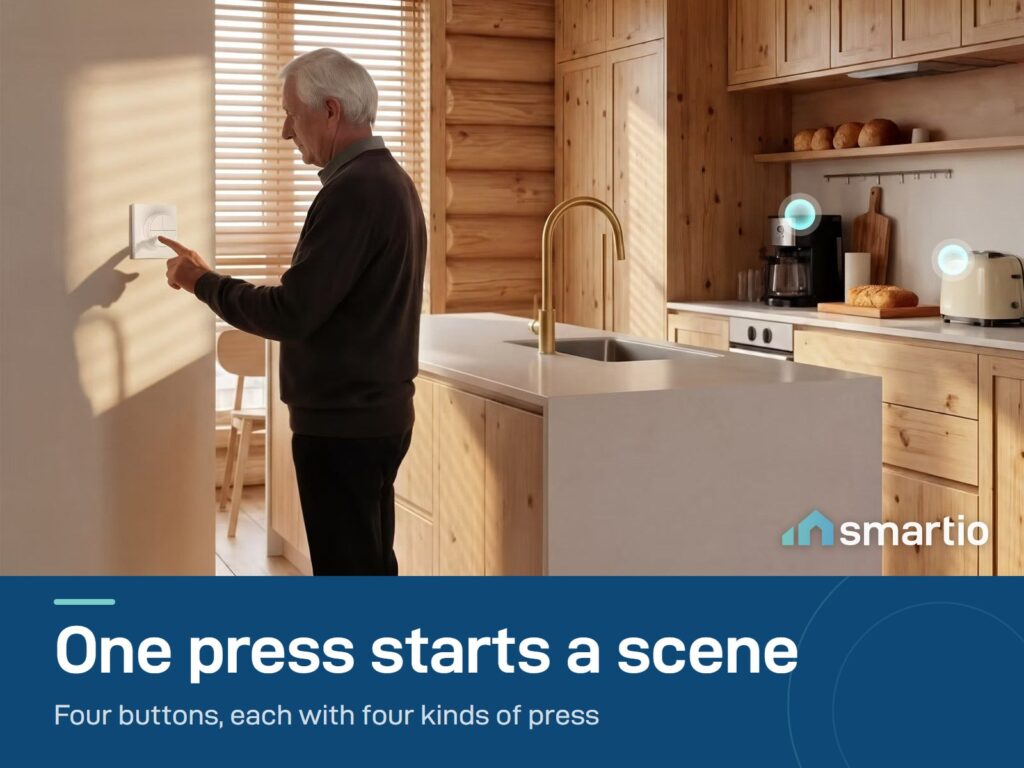 Man pressing a Sonoff Orb 4-button scene remote on a kitchen wall. It needs a Zigbee hub or a Sonoff remote gateway