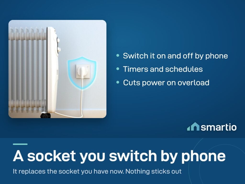 Sonoff Orb wall socket with an oil heater plugged in, and a shield showing overload protection
