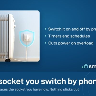 Sonoff Orb wall socket with an oil heater plugged in, and a shield showing overload protection