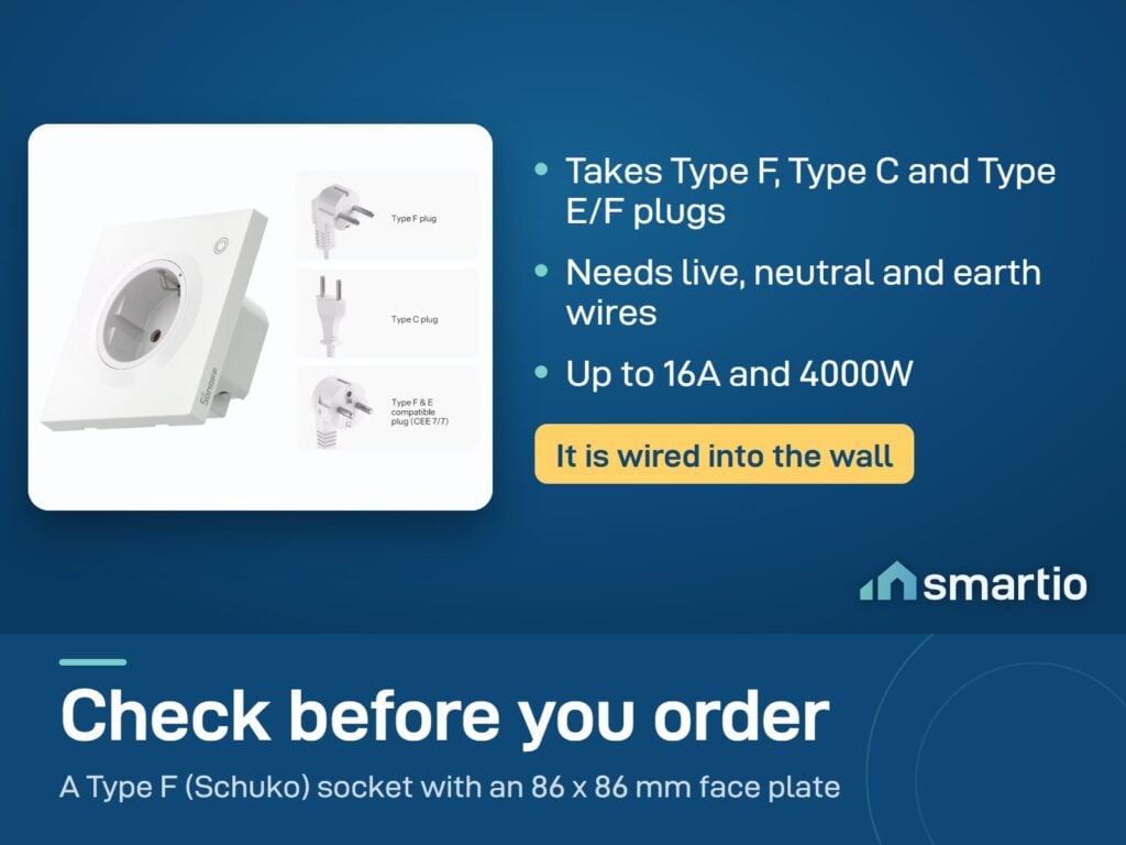 Sonoff Orb Type F wall socket with the plugs it takes: Type F, Type C and Type E/F. Needs live, neutral and earth