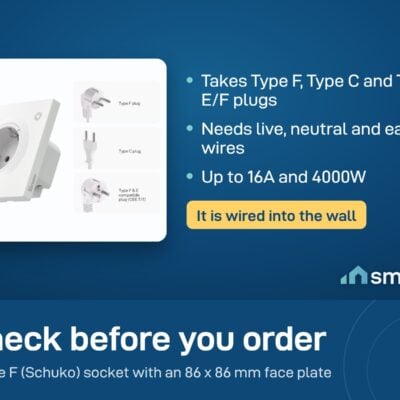 Sonoff Orb Type F wall socket with the plugs it takes: Type F, Type C and Type E/F. Needs live, neutral and earth