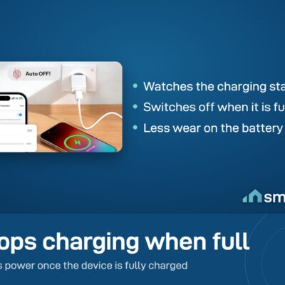 Sonoff Orb wall socket charging a phone, with the app showing Overcharge Protection switching the power off