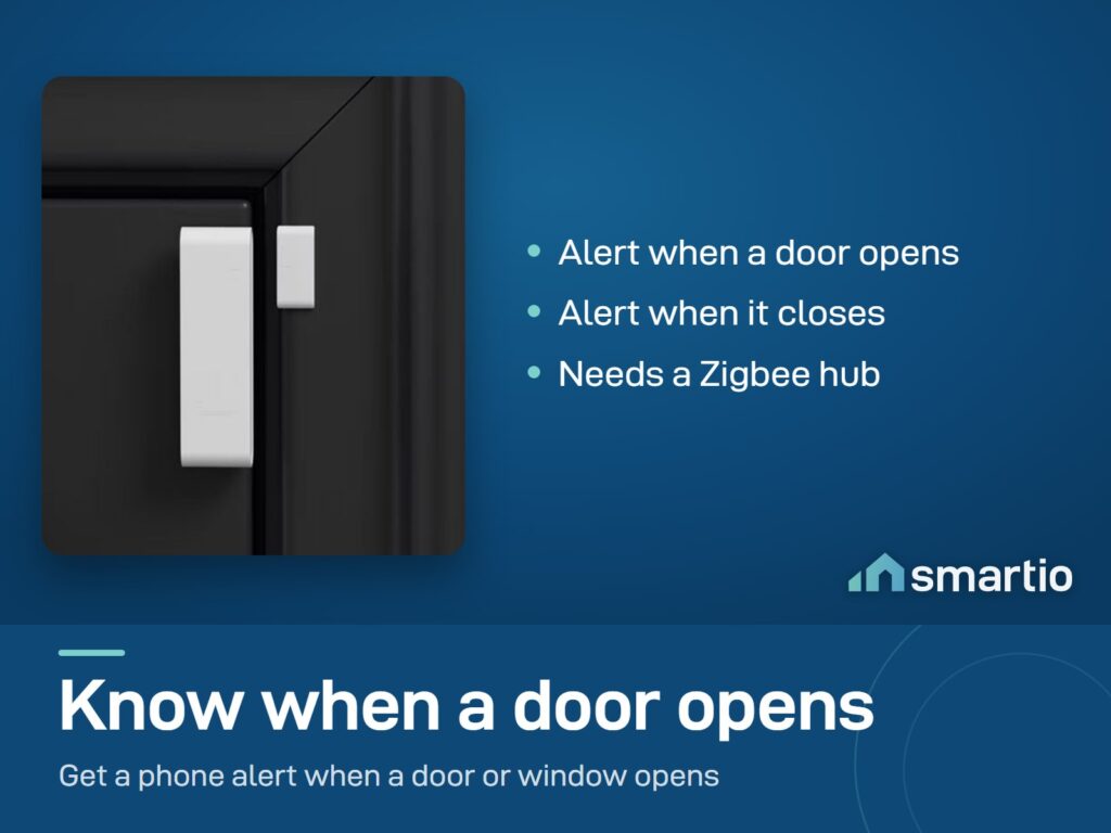 Sonoff SenseGuard DW Gen2 door sensor on a door frame with its magnet on the door. It needs a Zigbee hub