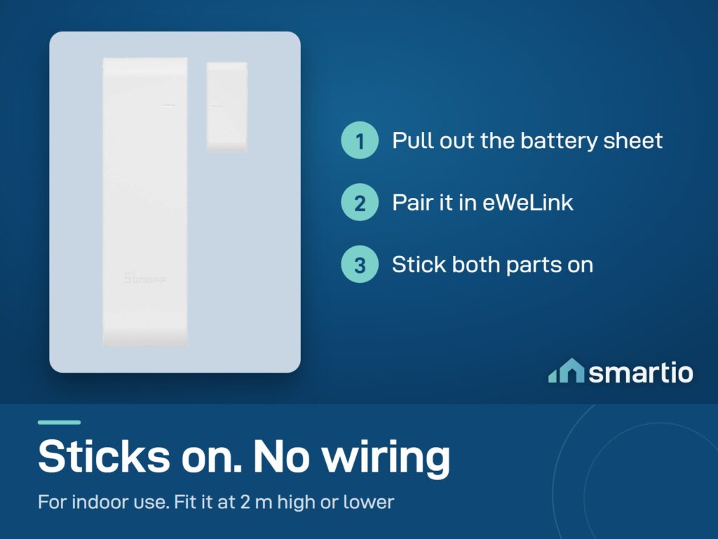Sonoff SNZB-04PR2 setup: pull out the battery sheet, pair in eWeLink, stick both parts on. Indoor use, 2 m or lower
