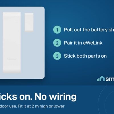 Sonoff SNZB-04PR2 setup: pull out the battery sheet, pair in eWeLink, stick both parts on. Indoor use, 2 m or lower