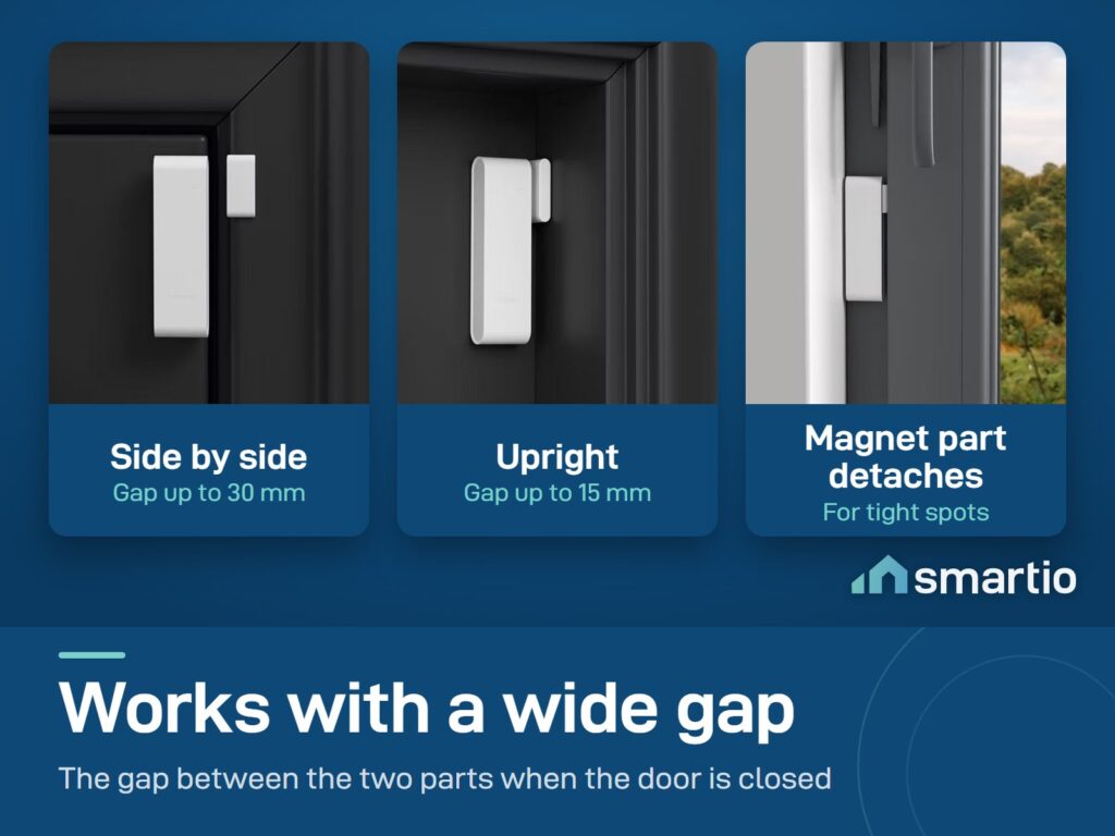 Sonoff SNZB-04PR2 on a door with a 30 mm gap, upright with a 15 mm gap, and on a window with the magnet part detached
