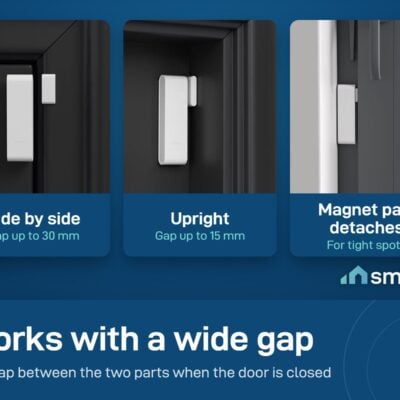 Sonoff SNZB-04PR2 on a door with a 30 mm gap, upright with a 15 mm gap, and on a window with the magnet part detached