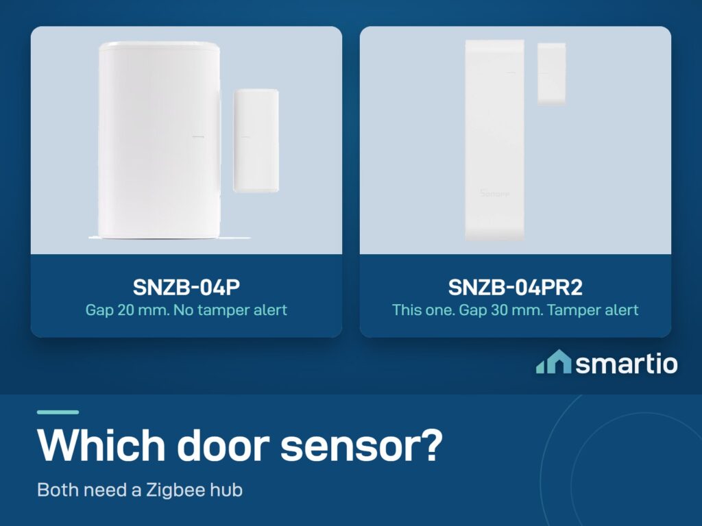 Sonoff SNZB-04P door sensor with a 20 mm gap next to the SNZB-04PR2 with a 30 mm gap and tamper alert