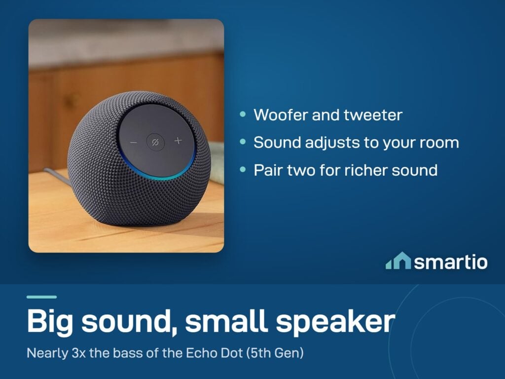 Amazon Echo Dot Max speaker on a kitchen counter with a woofer and tweeter, nearly 3x the bass of Echo Dot 5th Gen