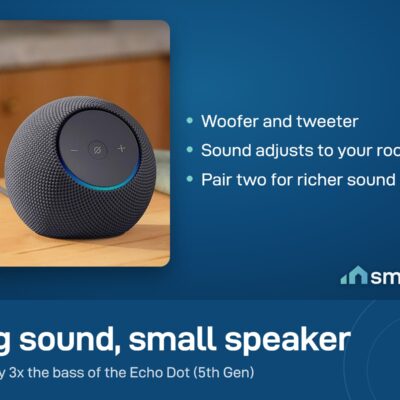 Amazon Echo Dot Max speaker on a kitchen counter with a woofer and tweeter, nearly 3x the bass of Echo Dot 5th Gen