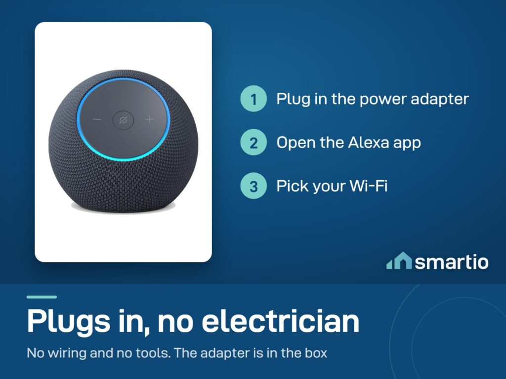 Amazon Echo Dot Max setup: plug in the power adapter, open the Alexa app, pick your Wi-Fi