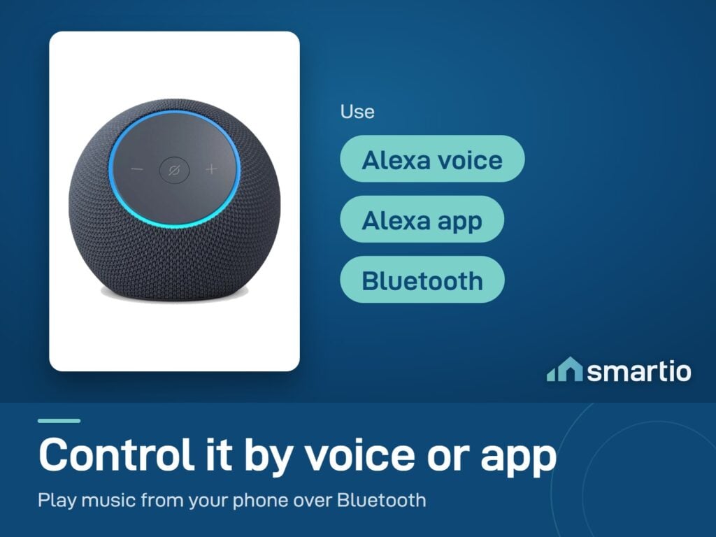 Amazon Echo Dot Max is controlled by Alexa voice and the Alexa app, and plays music from a phone over Bluetooth