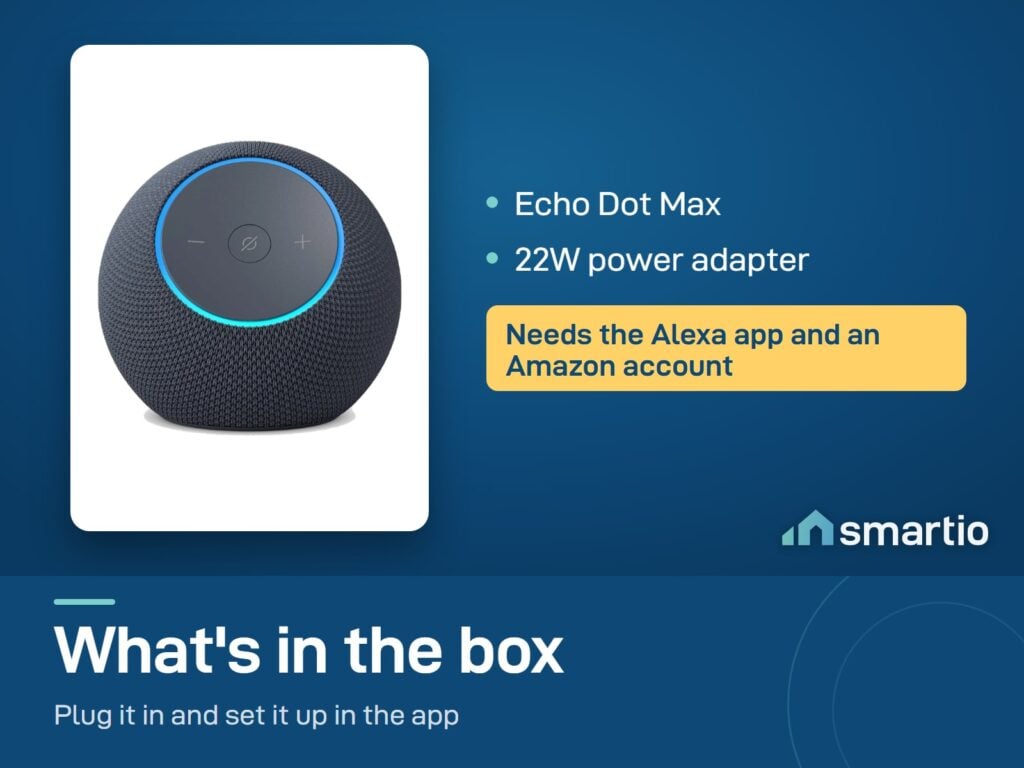 What's in the Amazon Echo Dot Max box: speaker and 22W power adapter. Needs the Alexa app and an Amazon account