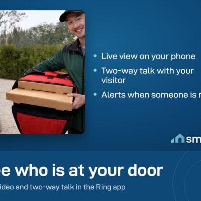 Simulated Ring doorbell view of a visitor holding a food delivery bag at the door