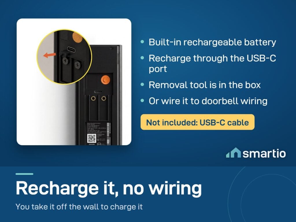 Back of the Ring Battery Video Doorbell 2nd Gen showing the USB-C charging port and the release tool