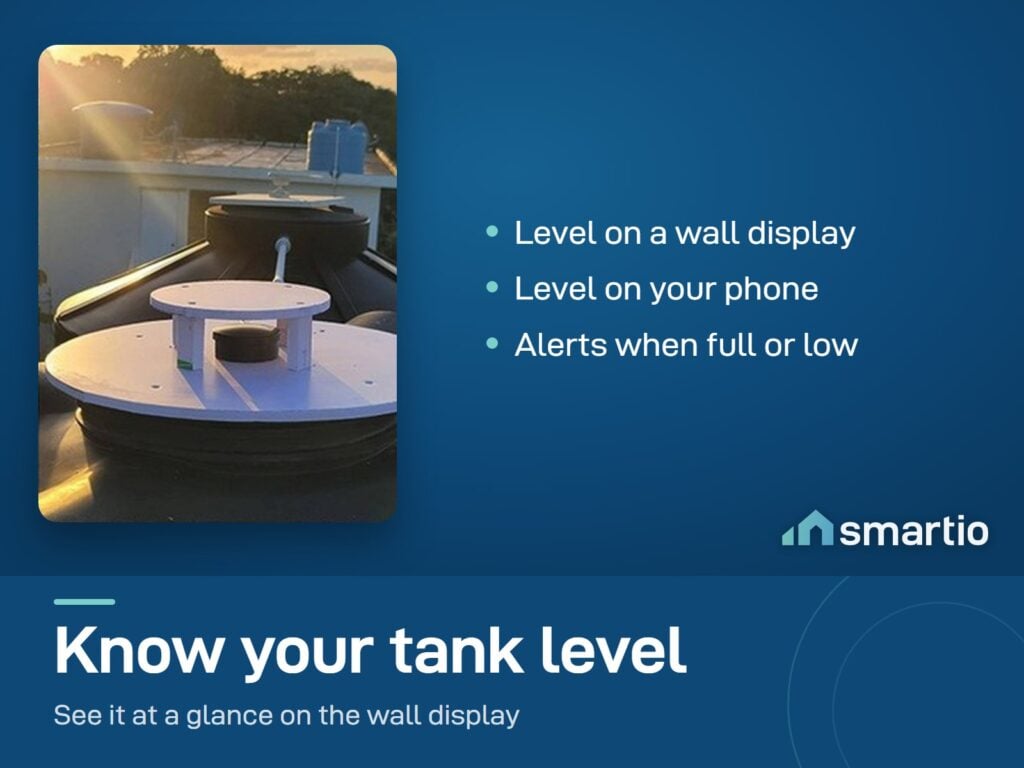 EPT-TECH tank level sensor fitted on top of a rooftop water tank. The level shows on a wall display and in the app