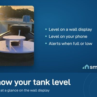 EPT-TECH tank level sensor fitted on top of a rooftop water tank. The level shows on a wall display and in the app
