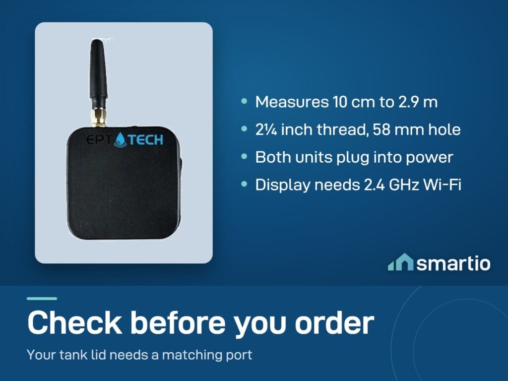 EPT-TECH tank monitor: measures 10 cm to 2.9 m, 2 1/4 inch thread, both units plug in, display needs 2.4 GHz Wi-Fi
