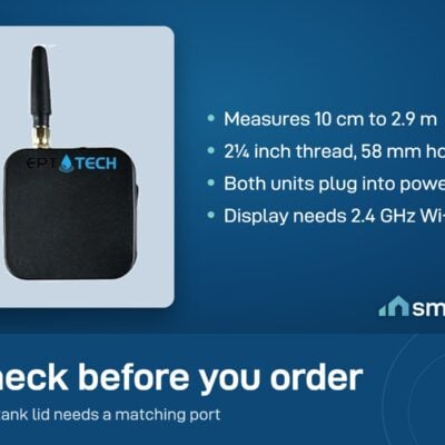 EPT-TECH tank monitor: measures 10 cm to 2.9 m, 2 1/4 inch thread, both units plug in, display needs 2.4 GHz Wi-Fi