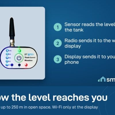 EPT-TECH tank monitor wall display. The sensor sends the level by radio up to 250 m; only the display needs Wi-Fi