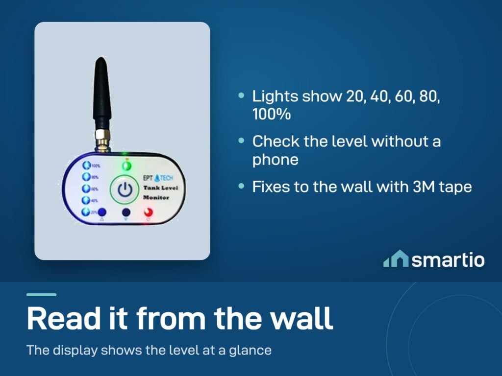EPT-TECH tank monitor wall display with level lights from 20 to 100 percent. It fixes to the wall with 3M tape