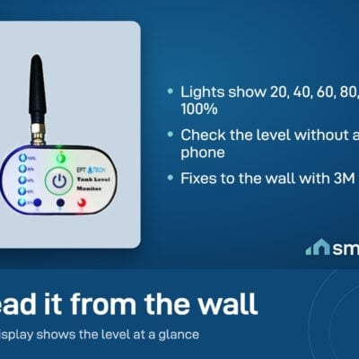EPT-TECH tank monitor wall display with level lights from 20 to 100 percent. It fixes to the wall with 3M tape