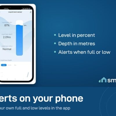 Example app screen for the EPT-TECH tank monitor showing level in percent and depth in metres, with full and low alerts