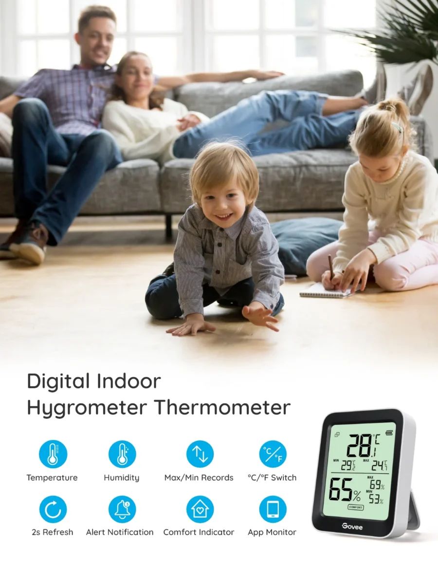 Govee H5075 wireless hygrometer placed on shelf