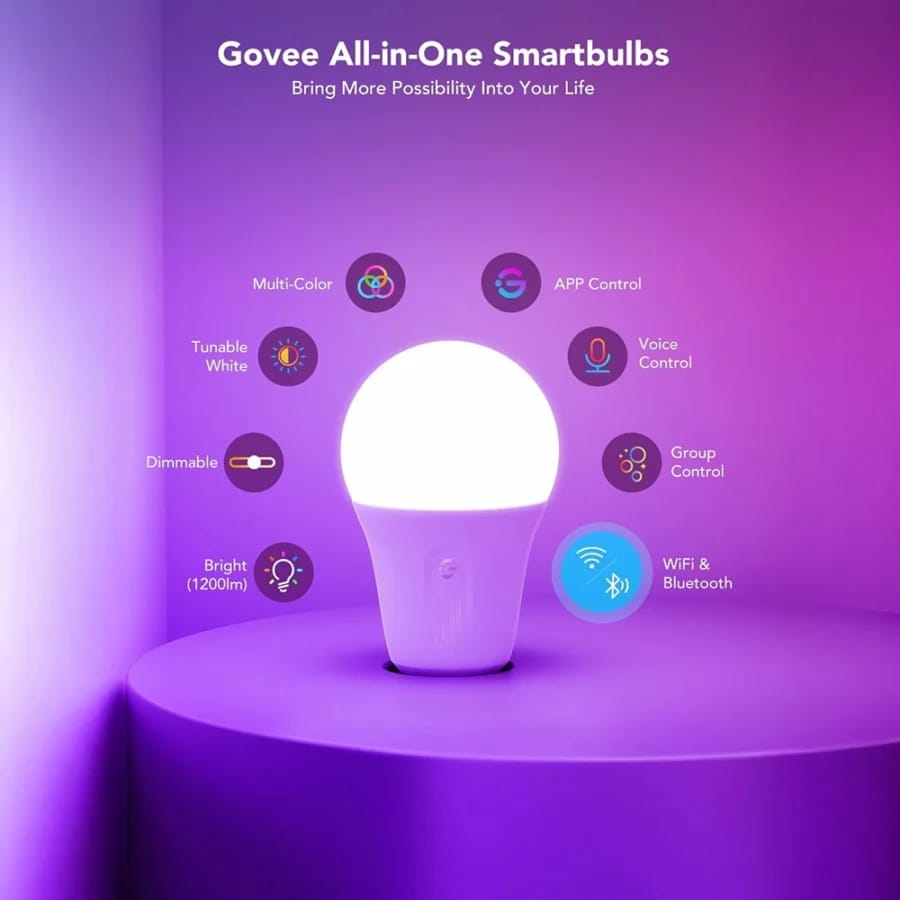 Govee H6004 Smart RGBWW E27 LED Bulb installed in floor lamp