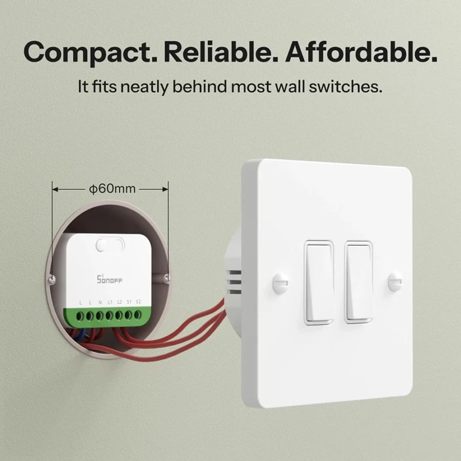 Sonoff MINI-2GS installed inside in-wall light switch box